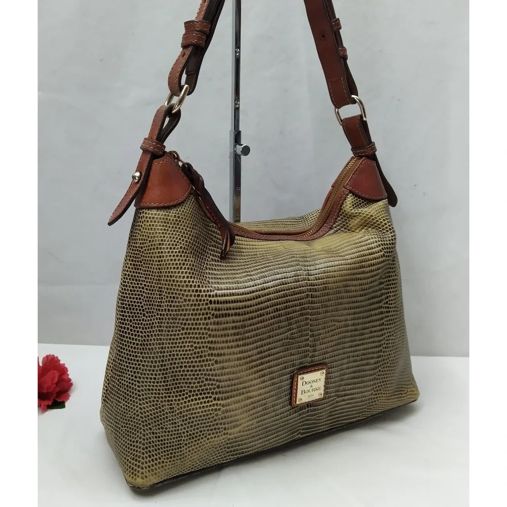 Dooney & Bourke Yellowish Green Leather Lizard Embossed Zipper Hobo Shoulder Bag - Picture 3 of 16